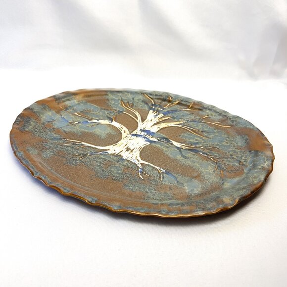 Handcrafted Studio Pottery Tree Plate Earthy Brown and Teal Glaze Art 13” long - Picture 2 of 7
